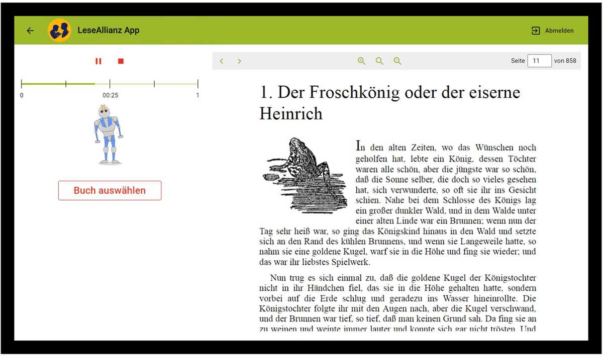 Screenshot einer Website für das digitale Vorlesen